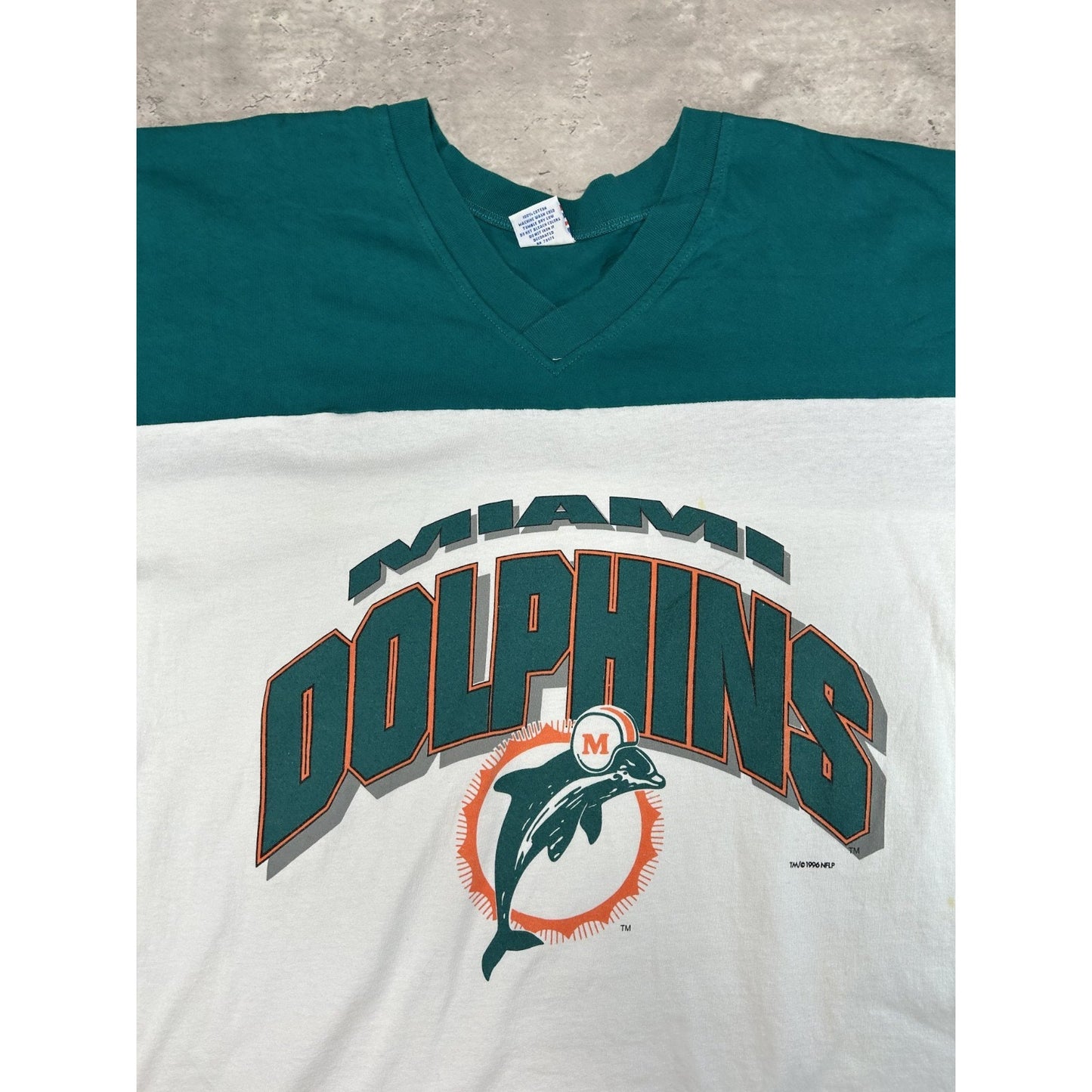 Vintage 1996 Miami Dolphins NFL Jersey Style Spellout 3/4 Sleeve T-Shirt Size XL