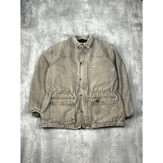 Vintage 90s Carhartt Quilted Lined Canvas Work Wear Farm Jacket Size XL Beige