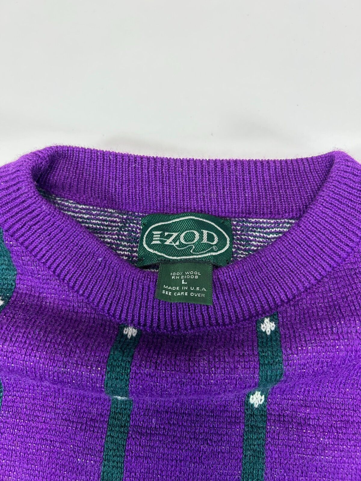 Vintage 90s IZOD Dotted Stripe Pattern Pullover Knit Sweater Size Large Purple