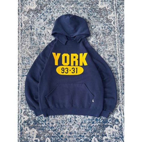 90s York 93-31 Graphic Spellout Russell Athletic Hoodie Sweatshirt Size Large