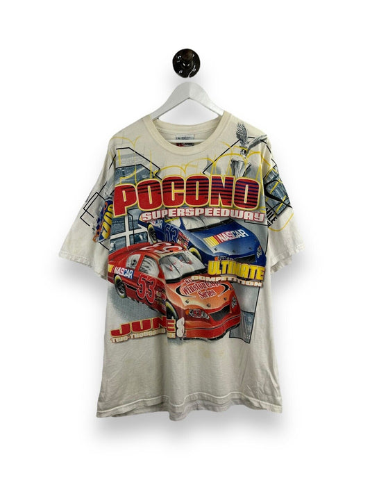 Vintage Nascar Pocono 500 Racing All Over Print Graphic T-Shirt Size XL White