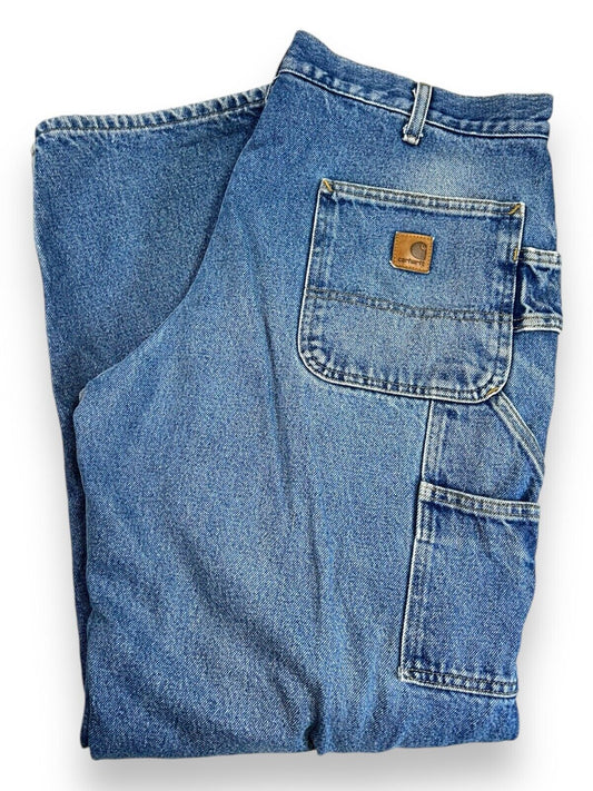 Vintage 90s Carhartt Plaid Lined Dungaree Fit Dark Wash Denim Pants Size 37W