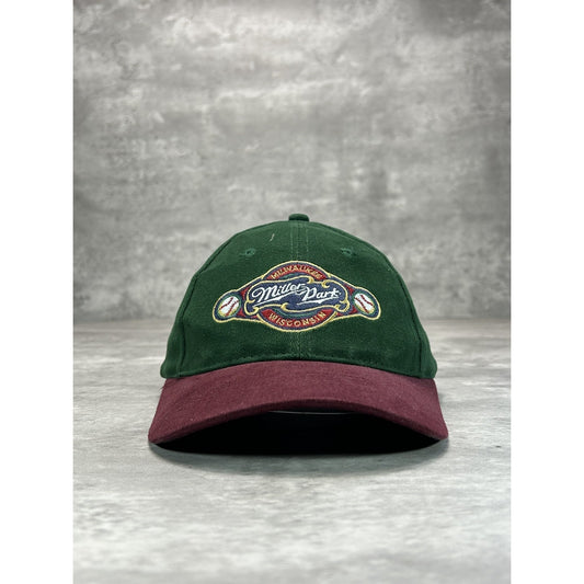 Vintage 90s MIller Park Embroidered Logo Baseball Strapback Hat OSFA Green