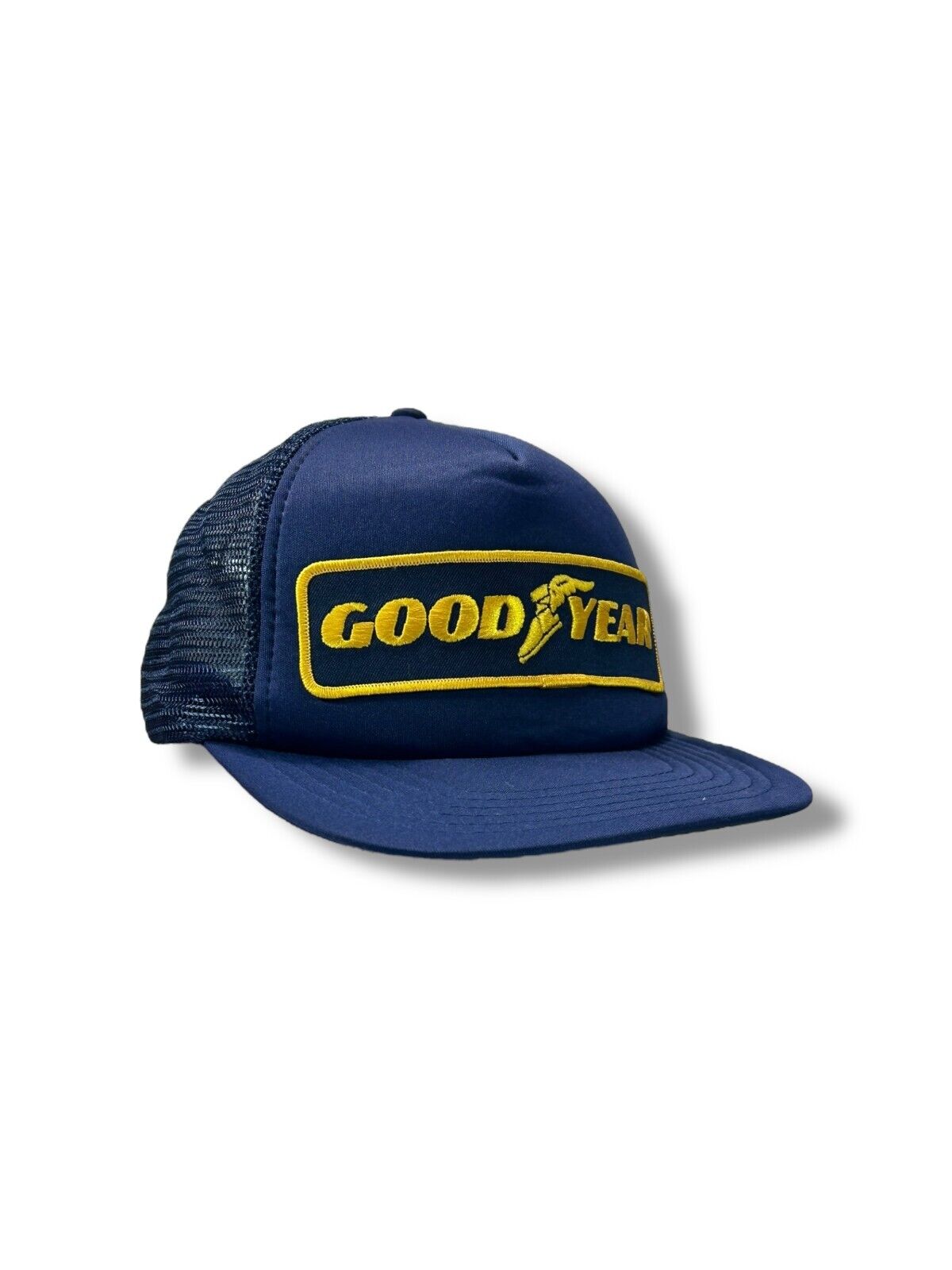 Vintage 80s/90s Goodyear Embroidered Patch Trucker Snapback Hat OSFA Blue