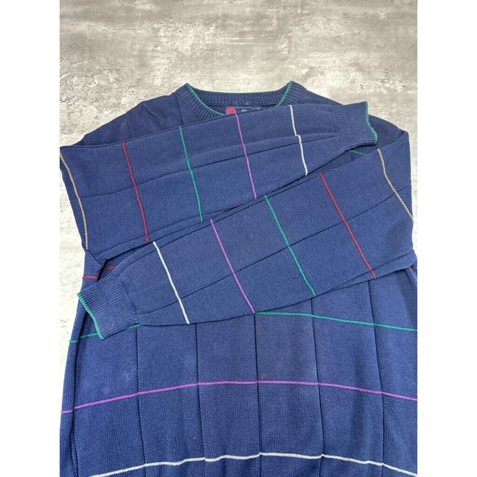 Vintage 90s Isle Of Cotton Checkered Print Pullover Knit Sweater Size XXL Blue