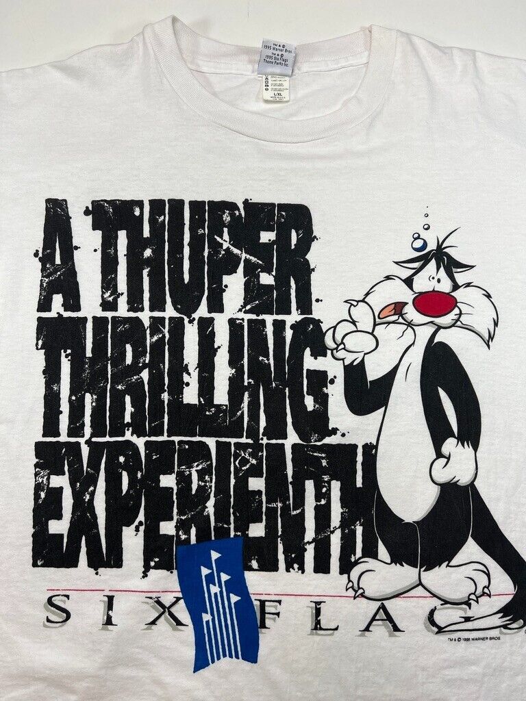 Vtg 1995 Looney Tunes Sylvester Six Flags Amusement Park Promo T-Shirt Sz L/XL