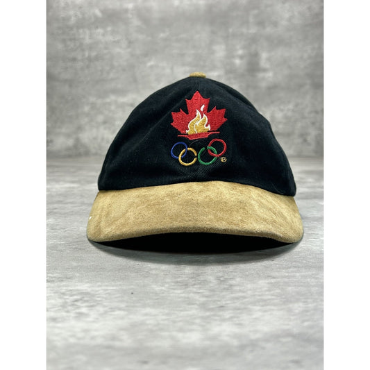 Vintage 90s Canada Olympics Embroidered Rings Logo Strapback Hat OSFA Black