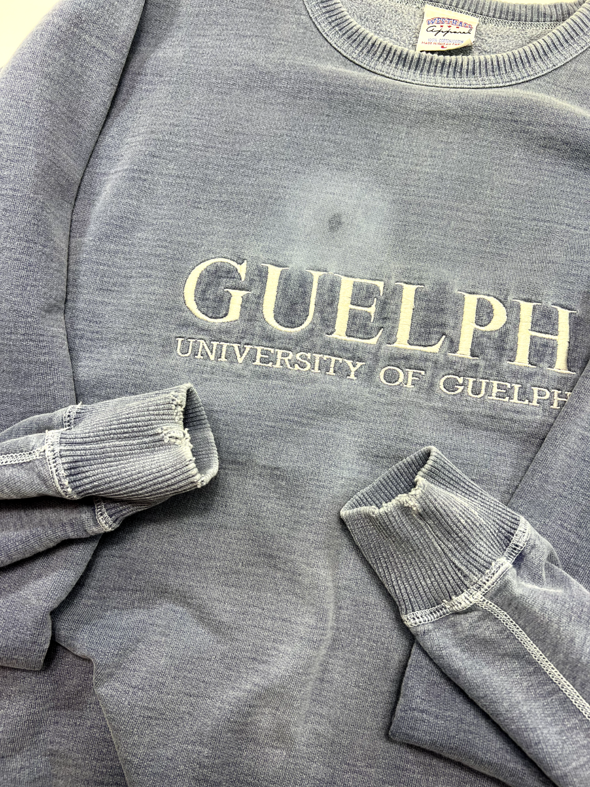 Vintage 90s University Of Guelph Embroidered Spellout Sweatshirt Size Large Gray