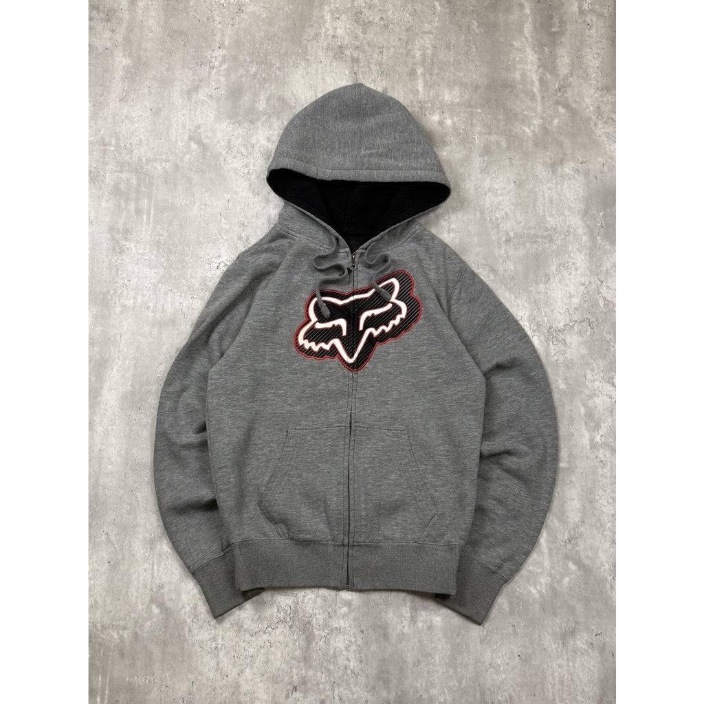 Vintage Fox Embroidered Logo Full Zip Fleece Lined Hooded Sweatshirt Size Small