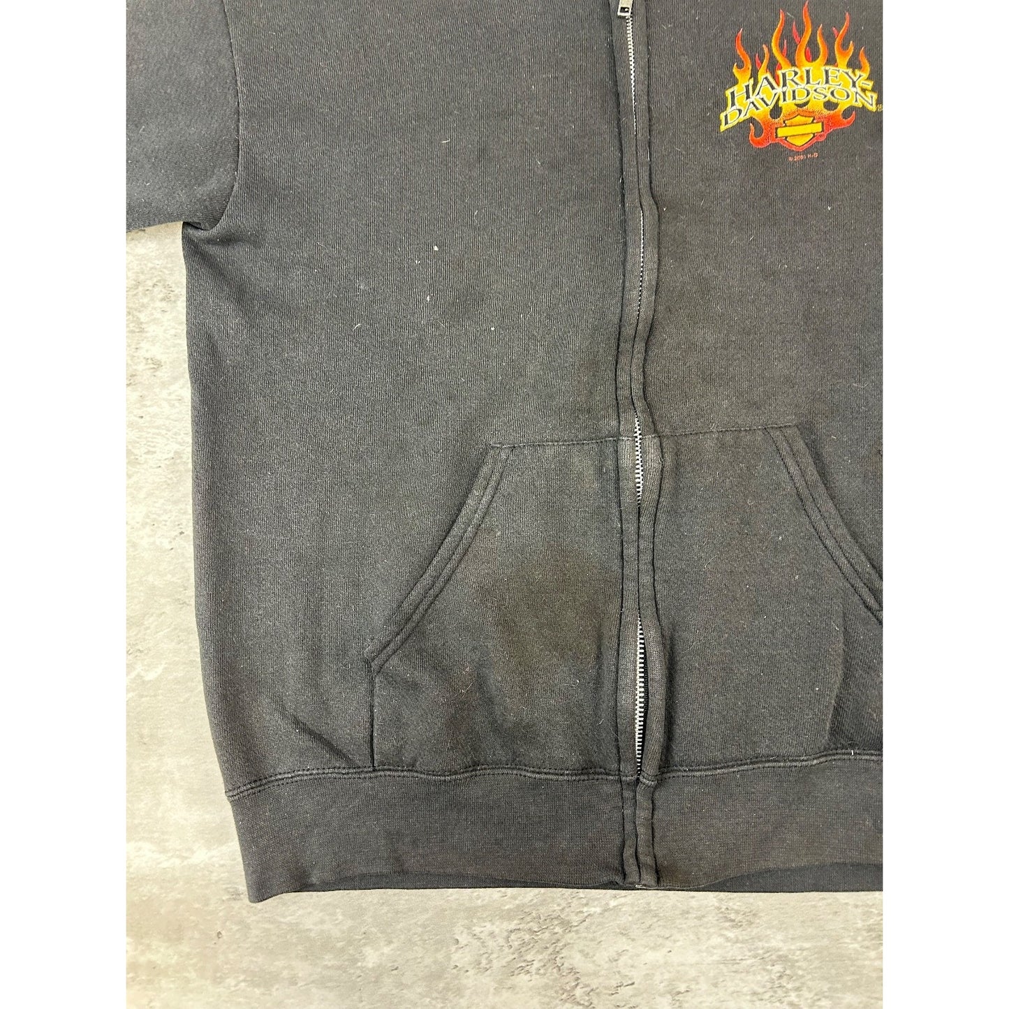 Vintage 2001 Harley Davidson Flame Sleeve Classic Logo Full Zip Sweatshirt Med