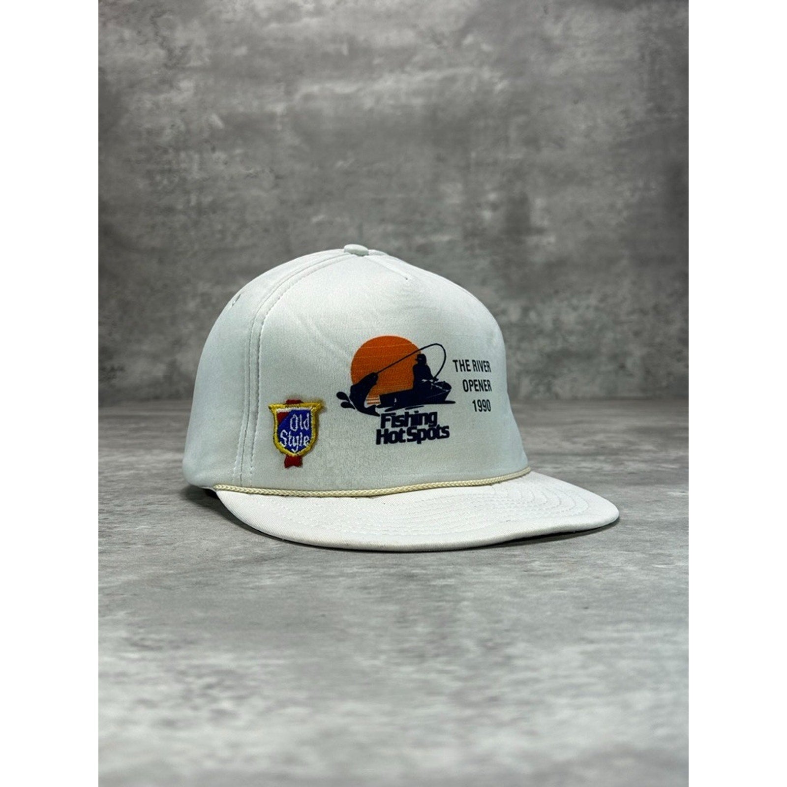 Vintage 1990 Fishing Spots The River Opener Graphic Trucker Snapback Hat OSFA