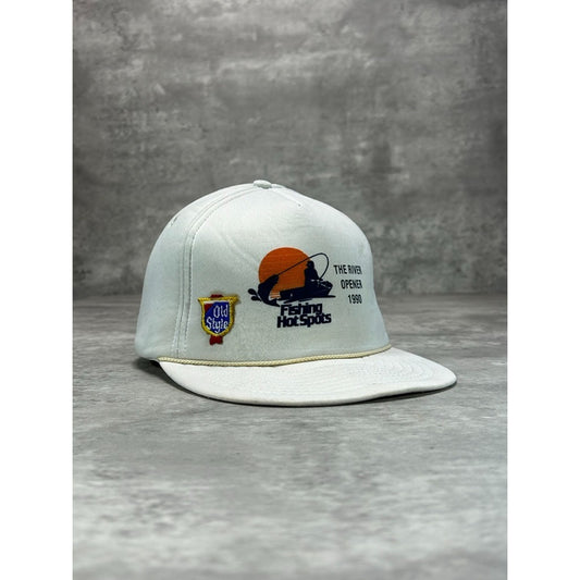 Vintage 1990 Fishing Spots The River Opener Graphic Trucker Snapback Hat OSFA