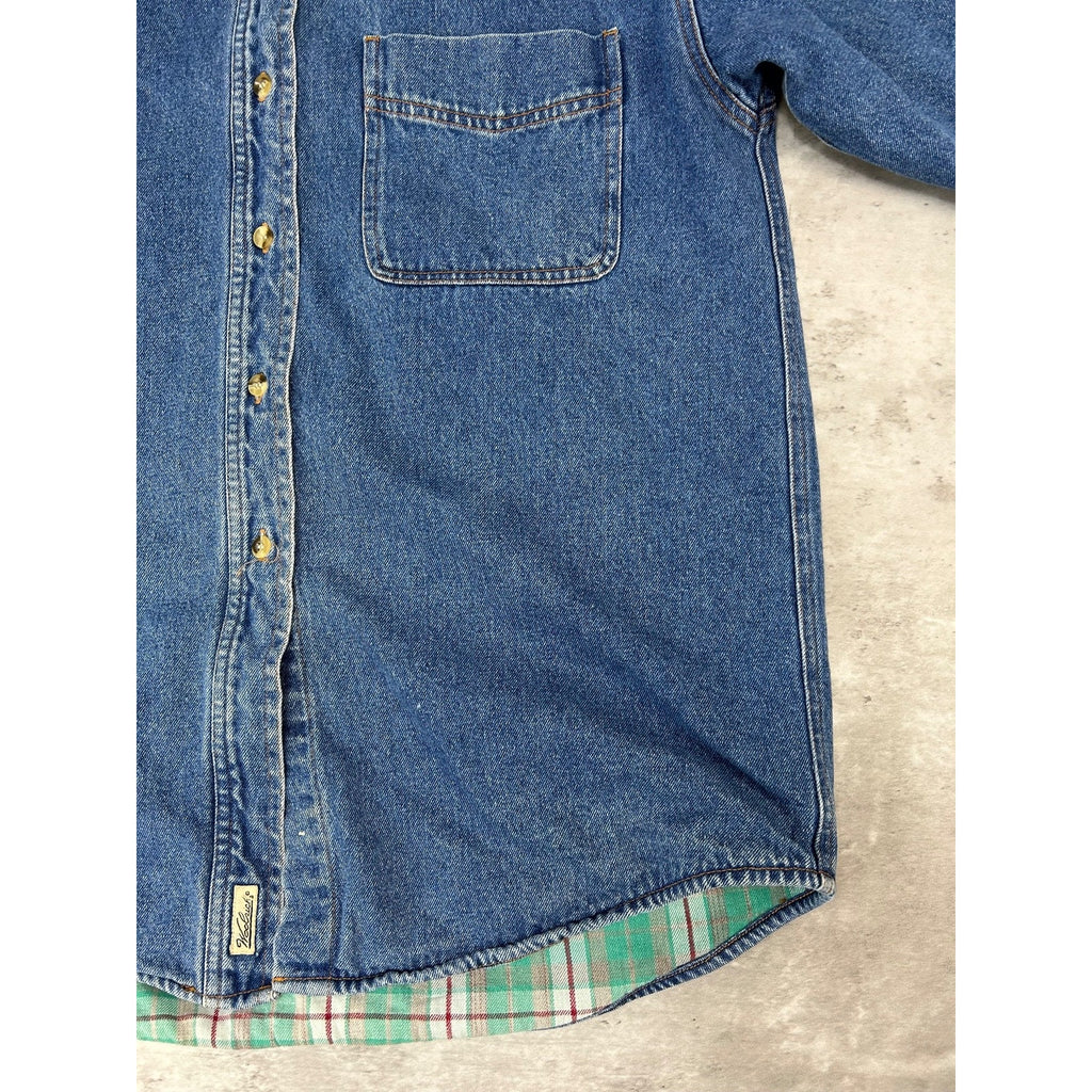 Vintage Woolrich Plaid Lined Dark Wash Denim Long Sleeve Button Up Shirt Small