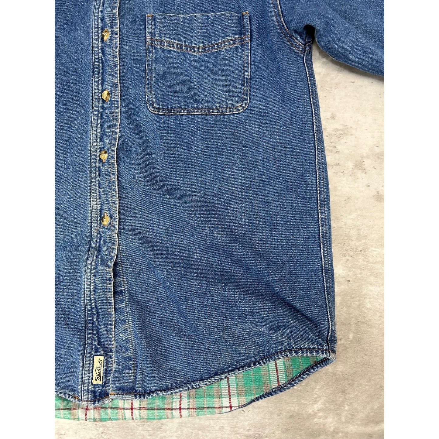 Vintage Woolrich Plaid Lined Dark Wash Denim Long Sleeve Button Up Shirt Small