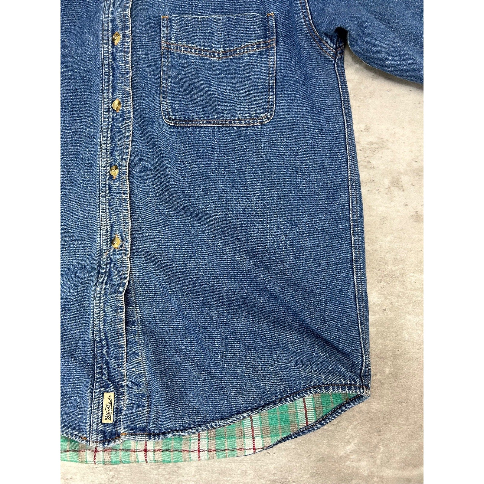 Vintage Woolrich Plaid Lined Dark Wash Denim Long Sleeve Button Up Shirt Small