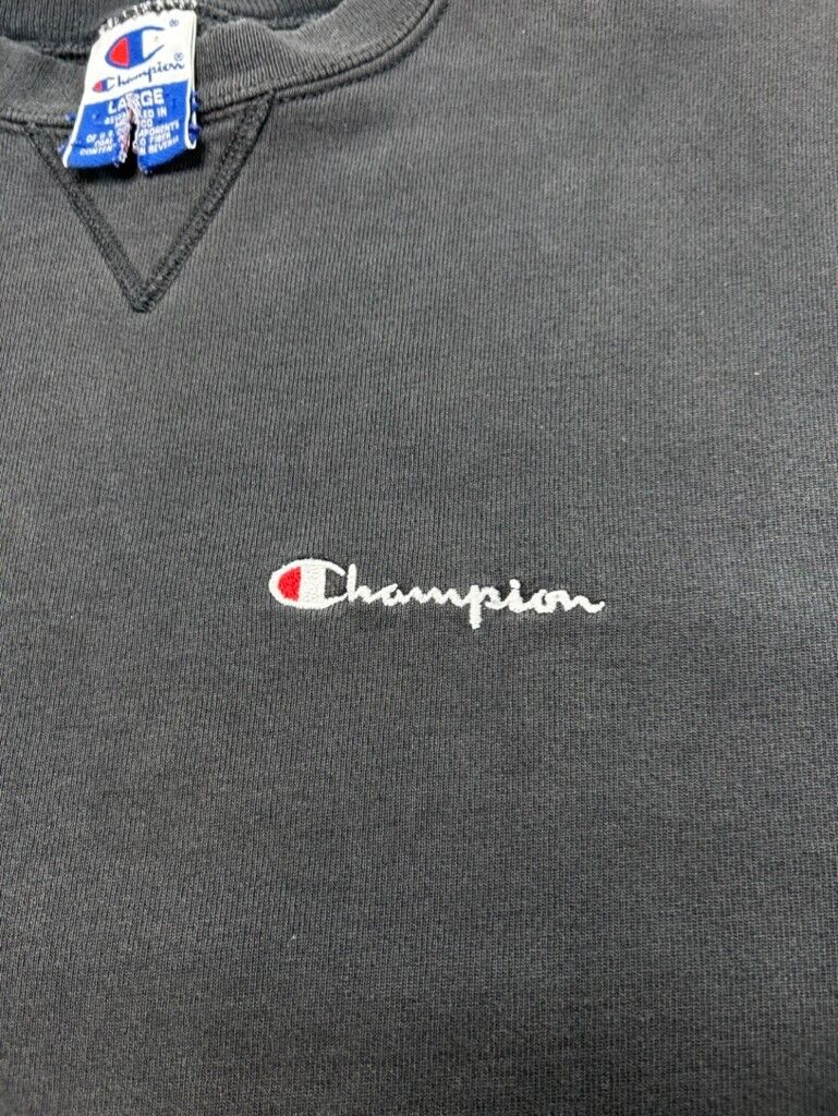 Vintage 90s Champion Embroidered Spellout Crewneck Sweatshirt Size Large Black