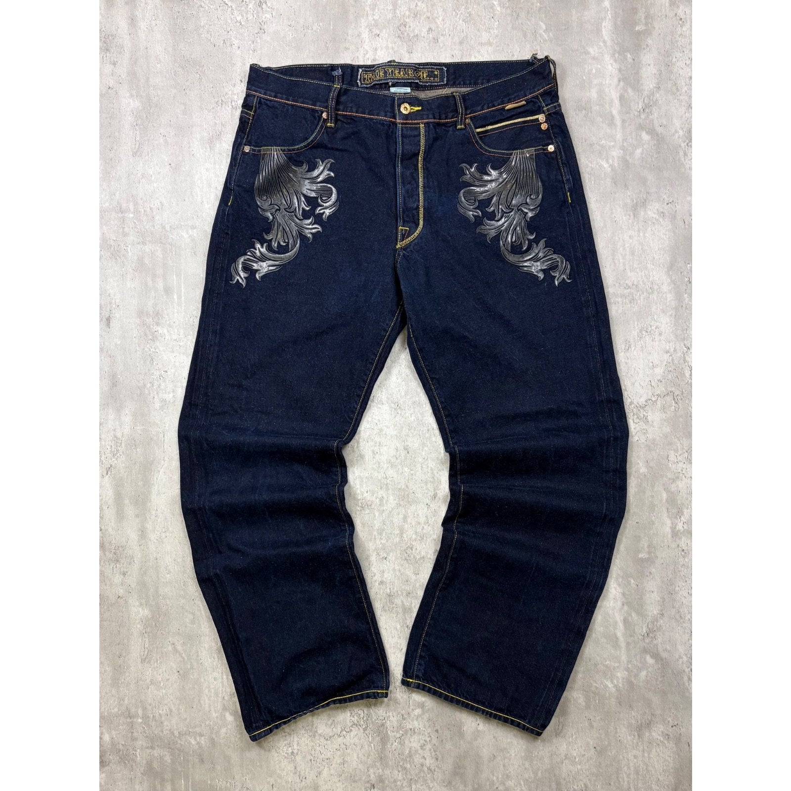 Vintage Y2K The Year Of... Graphic Baroque Graphic Dark Wash Denim Pants Size 38