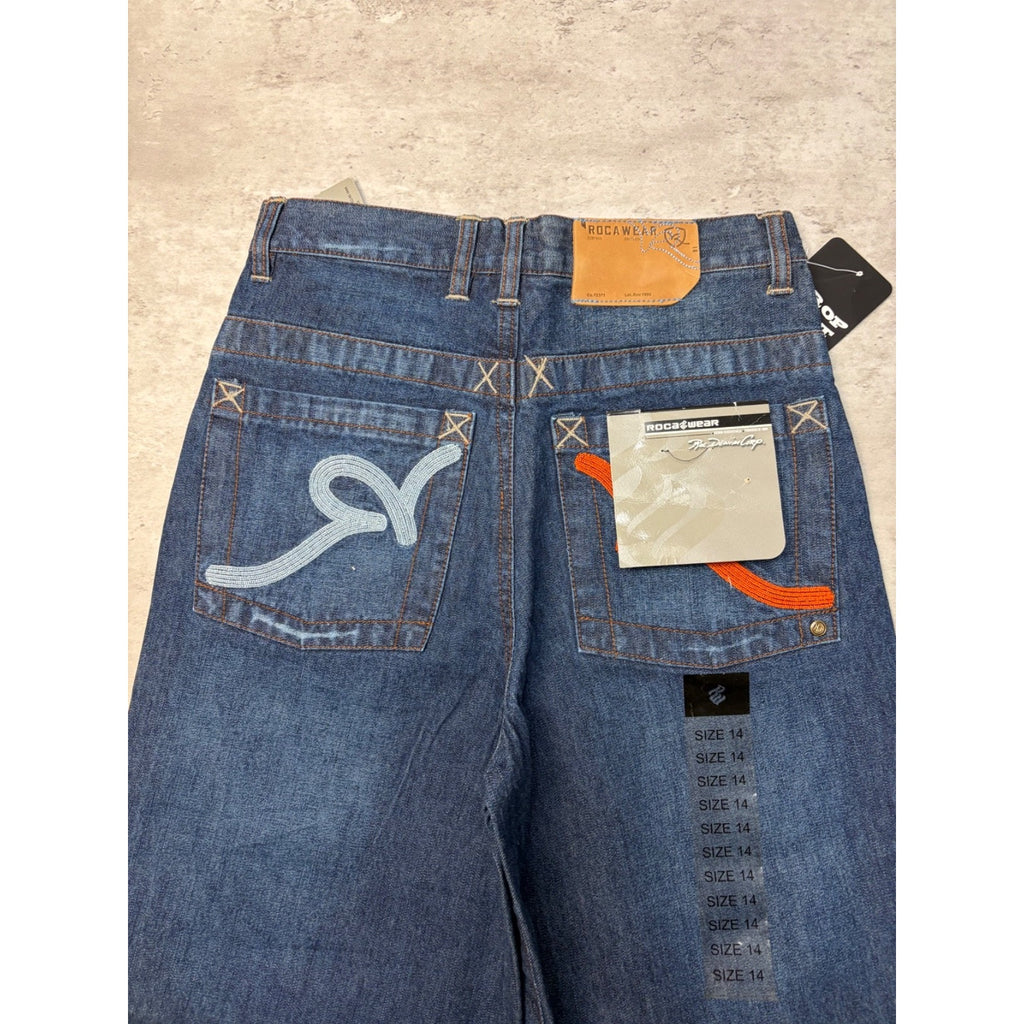 Vintage Y2K Womens Rocawear Embroidered Pocket Logo Dark Wash Denim Pants