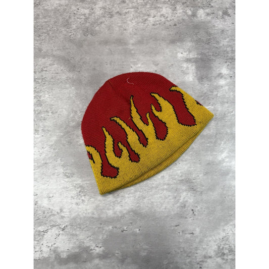 Vintage Y2K 2000s Flame Graphic Two Tone Beanie Hat OSFA Yellow/Red