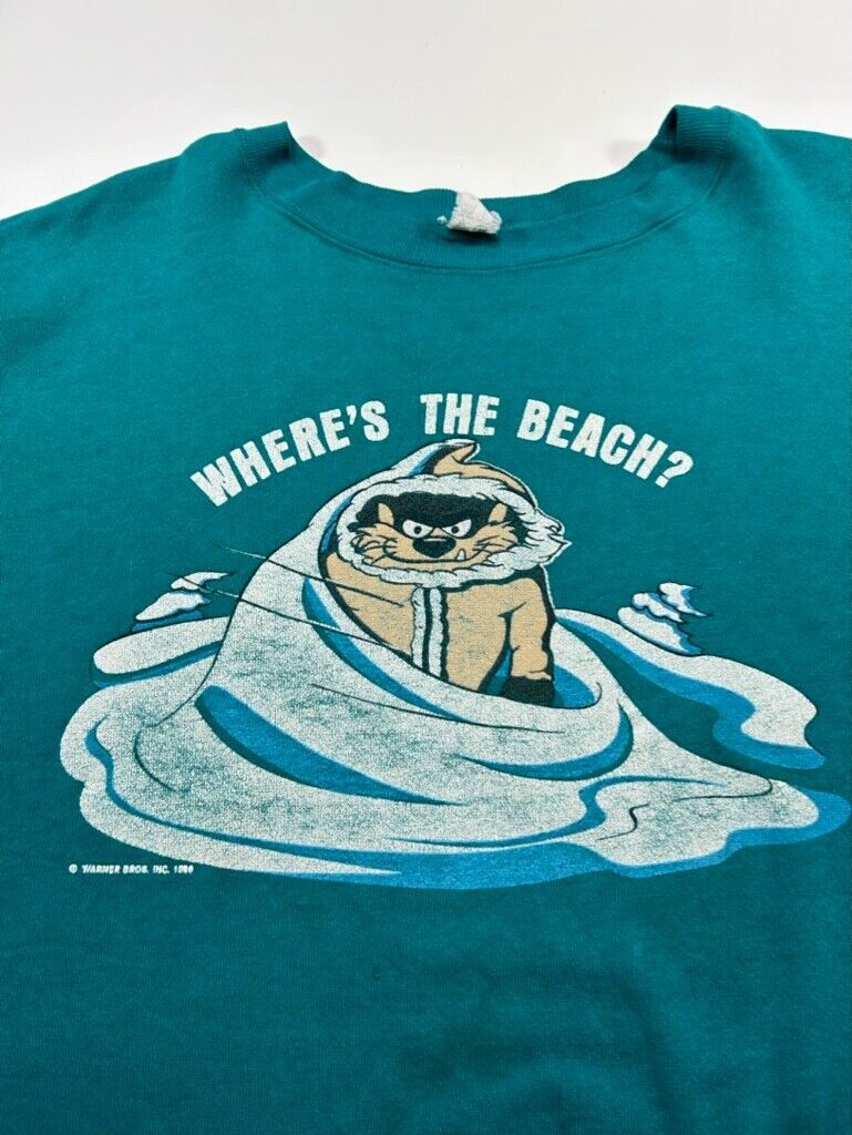 Vtg 80s/90s Looney Tunes Taz Wheres The Beach? Winter Graphic Sweatshirt Sz XL