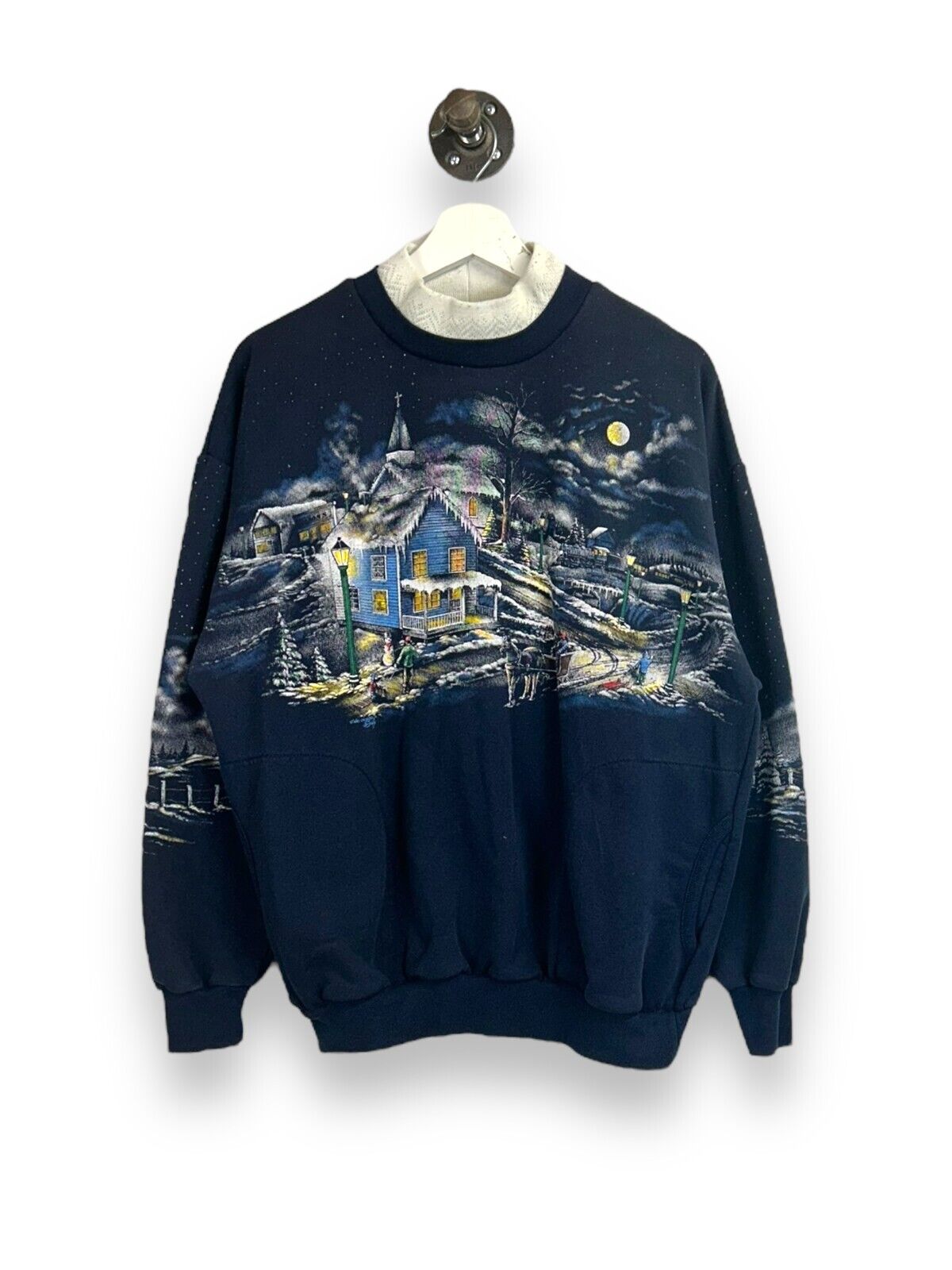 Vintage 90s Winter Landscape All Over Print Pull Over Sweatshirt Size Large Blue