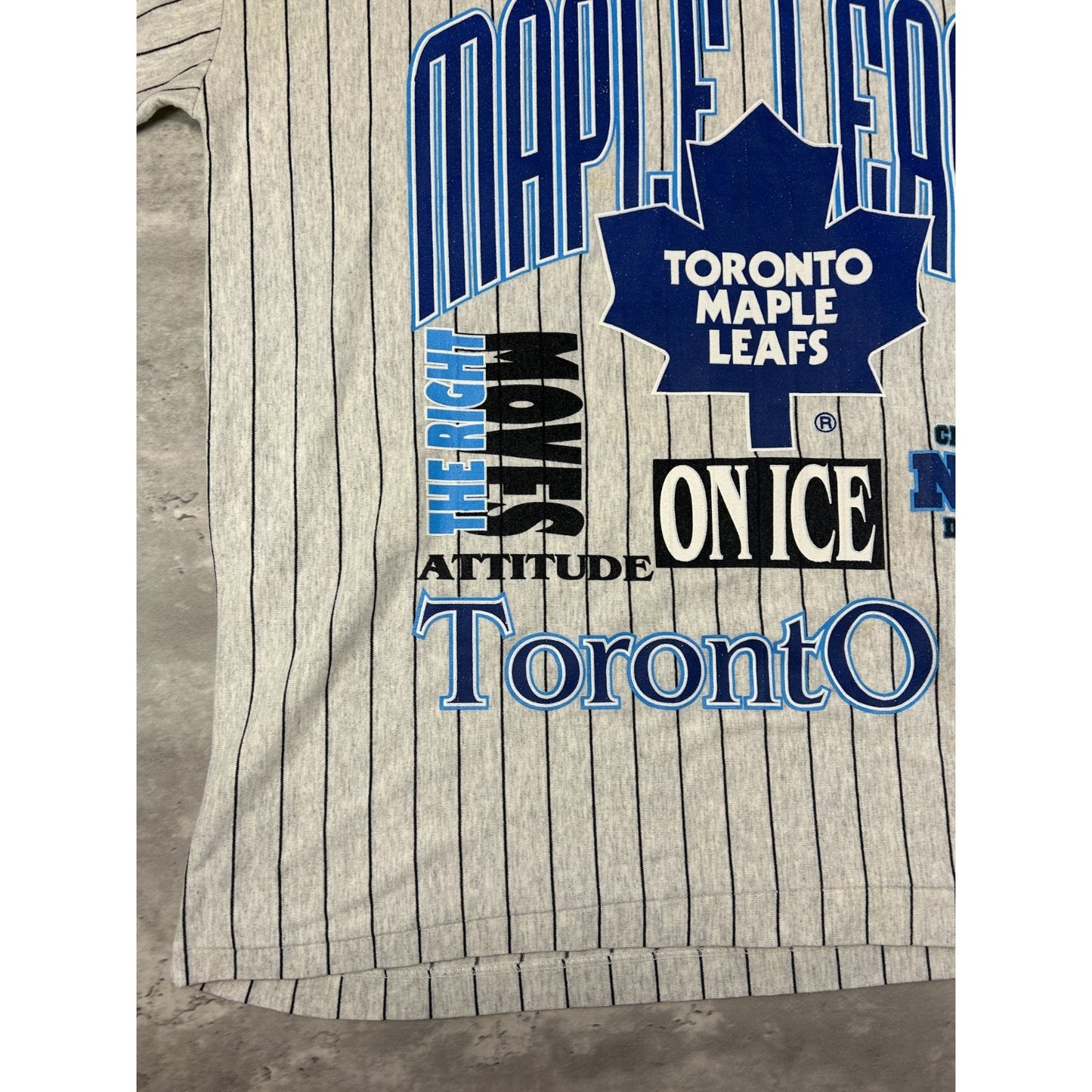 VTG 90s Toronto Maple Leafs NHL Pinstripe All Over Print 3/4 Sleeve T-Shirt Lg