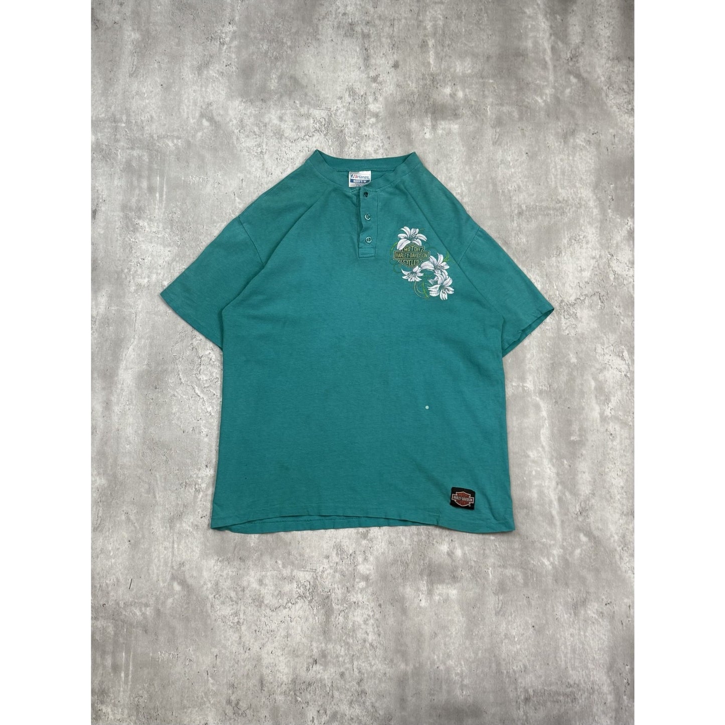 Vintage 90s Harley Davidson Floral Classic Logo Graphic 1/4 Button T-Shirt Sz L