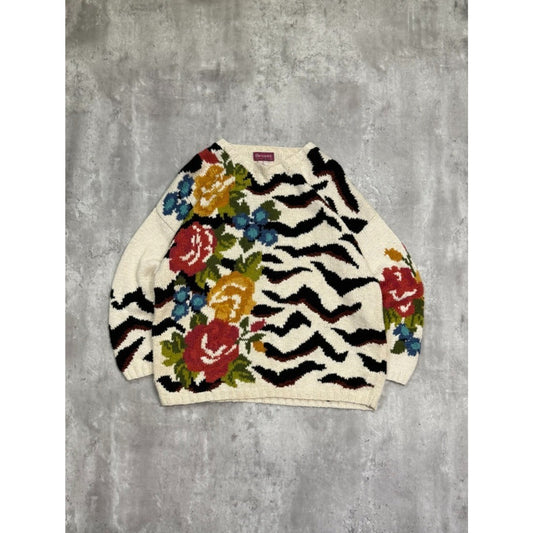 Vintage 90s Bronte Floral Striped Print Pullover Knit Sweater Size Medium