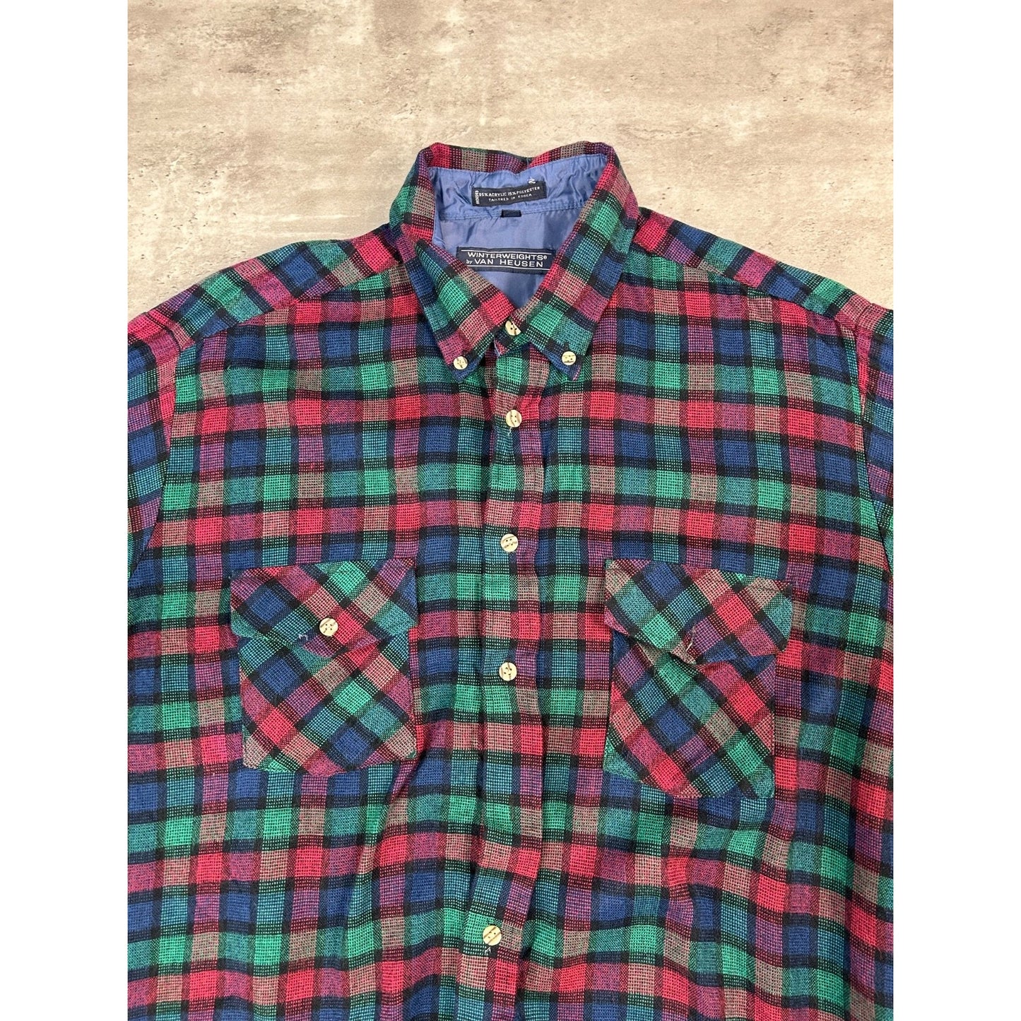 Vintage 90s Van Heusen Plaid Double Pocket Long Sleeve Button Up Shirt Sz Large