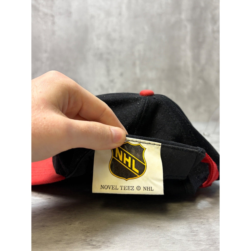 Vintage 90s Chicago Blackhawks NHL Embroidered Spellout Strapback Hat OSFA