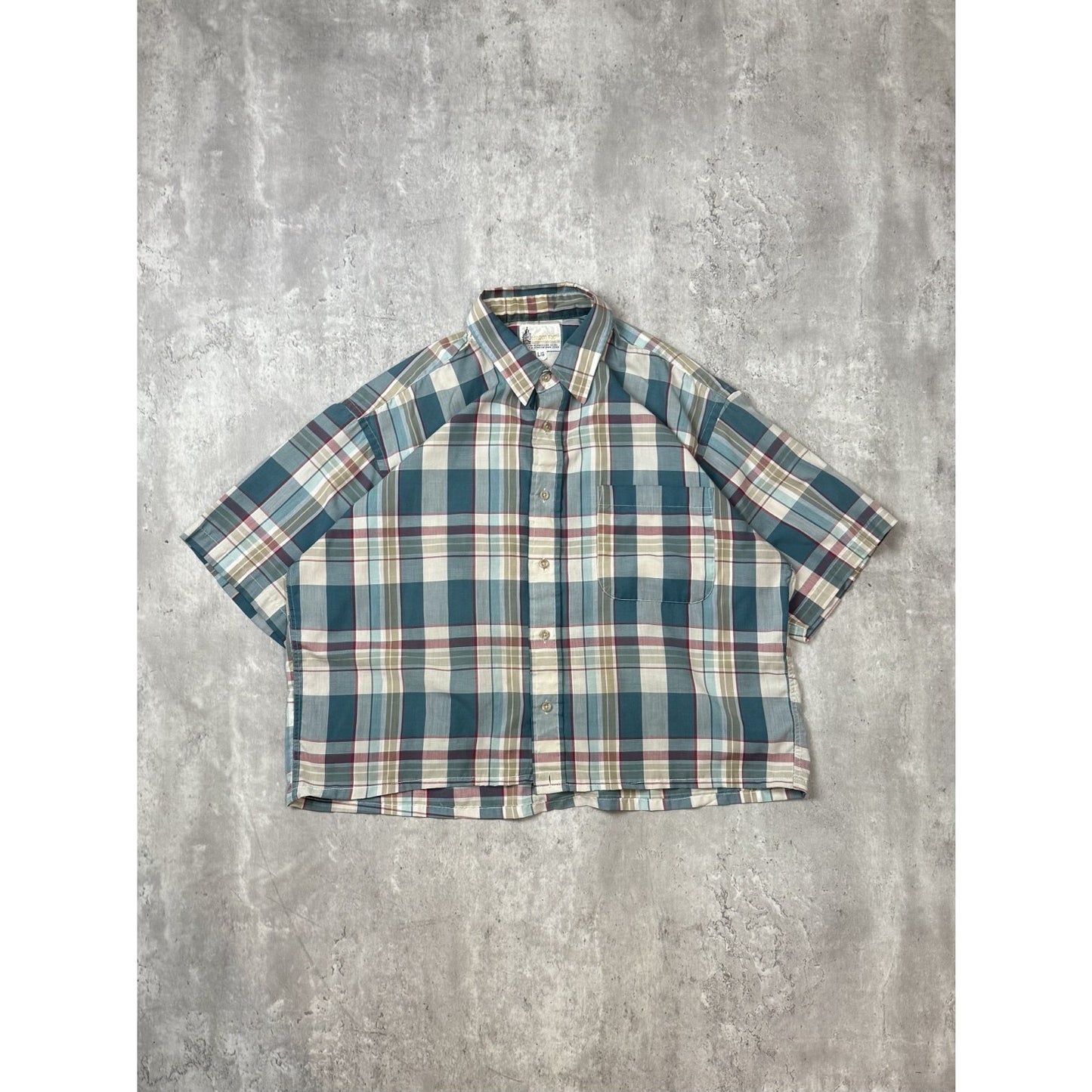 Vintage 80s London Fog Plaid Reworked Cropped Short Sleeve Button Up Shirt Sz L