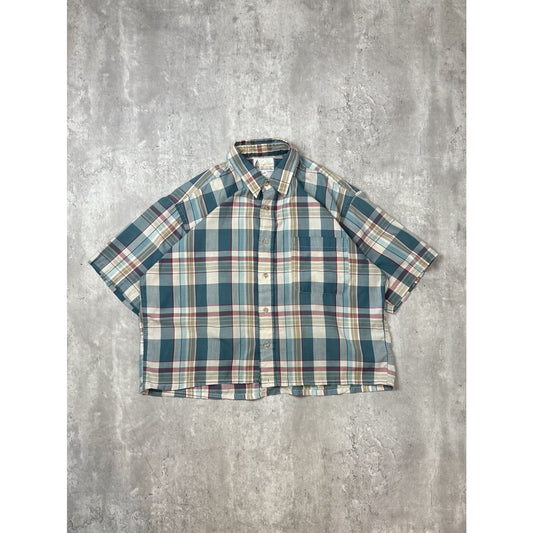 Vintage 80s London Fog Plaid Reworked Cropped Short Sleeve Button Up Shirt Sz L