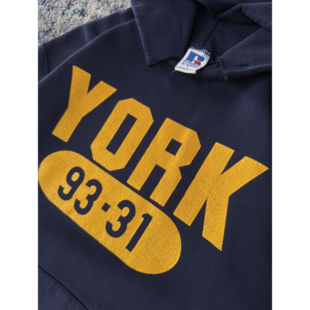 90s York 93-31 Graphic Spellout Russell Athletic Hoodie Sweatshirt Size Large