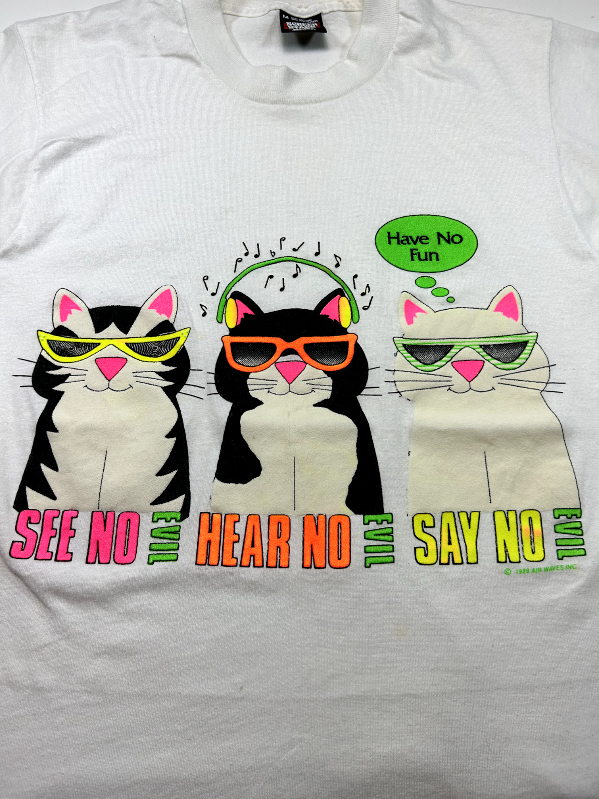 Vintage 1989 See No Evil Hear No Evil Say No Evil Cats Graphic T-Shirt Medium