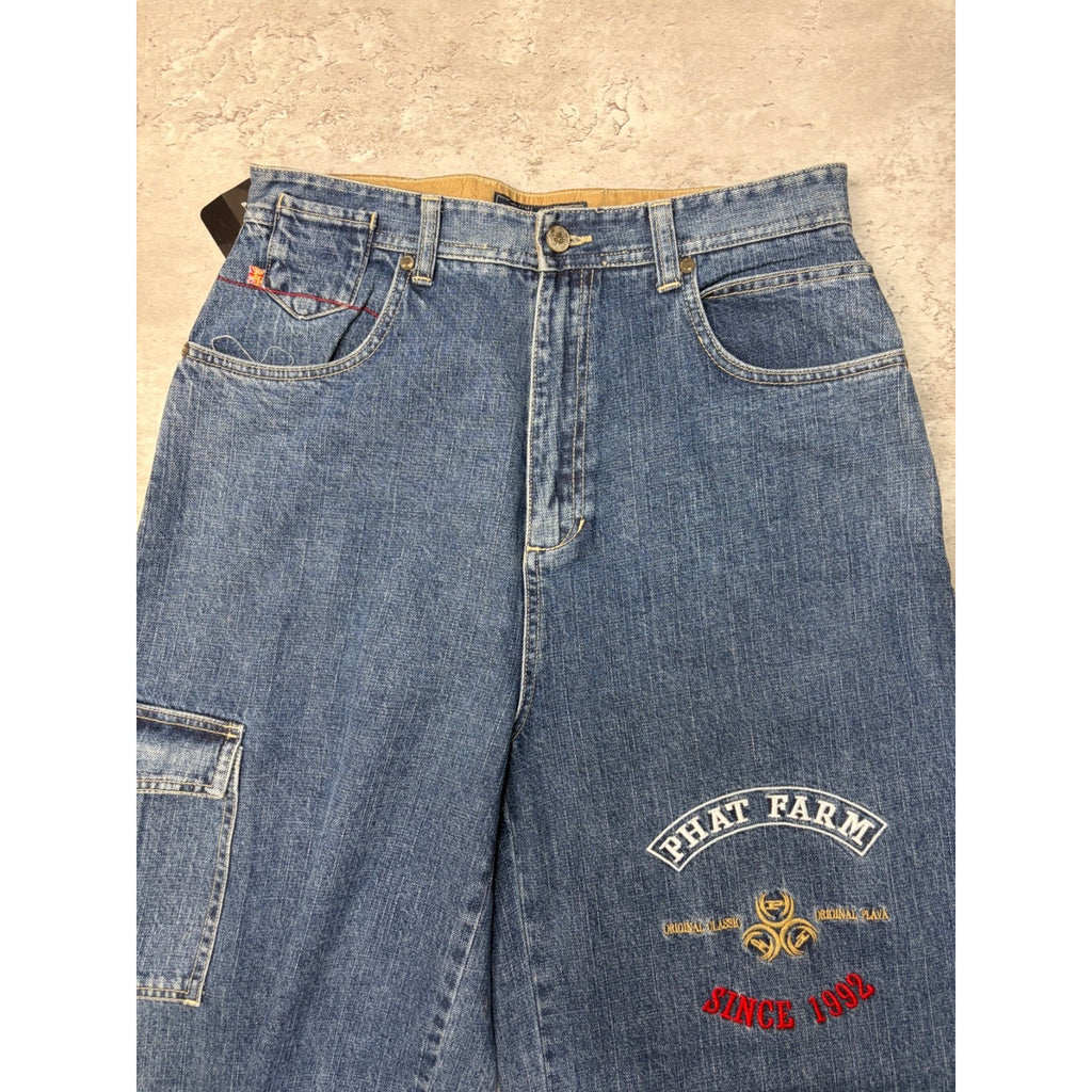 Vintage Y2K Womens Phat Farm Embroidered Medium Wash Denim Pants Size 30x32