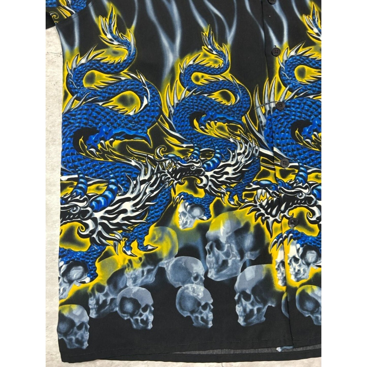 Vintage Y2K Flame Skull Dragon All Over Print Button Up Shirt Size XL