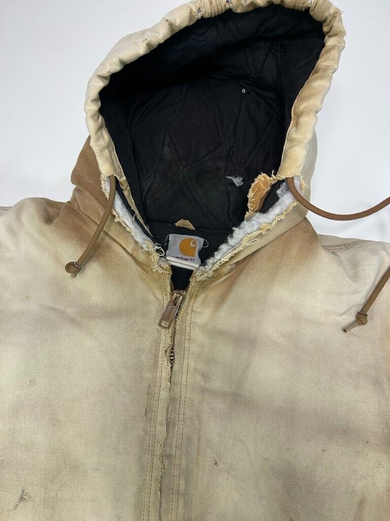 Vintage Carhartt Quilted Lined Canvas Workwear Distressed Hooded Jacket Sz Large