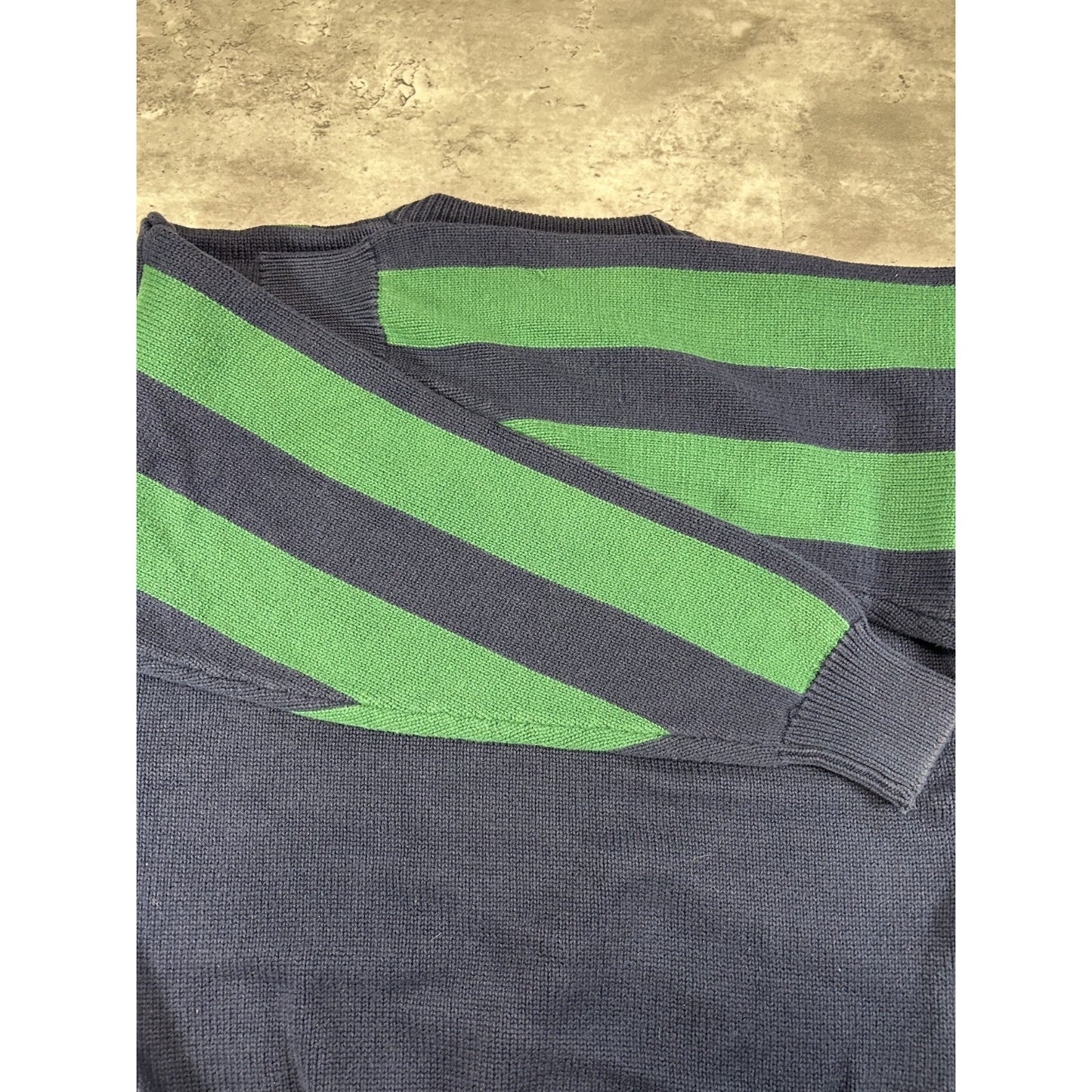 Vintage 90s Varsity Striped Pullover Ribbed Knit Sweater Size Medium Green/Blue
