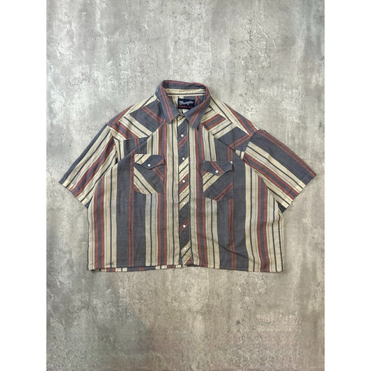 Vintage 80s Wrangler Striped Pearl Snap Reworked Cropped Button Up Shirt Sz 2XL