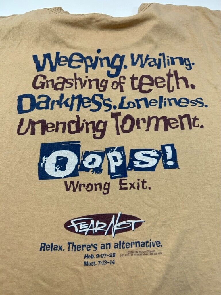 Vintage 1997 No Fear Oops Wrong Exit Slogan T-Shirt Size 2XL Brown 90s