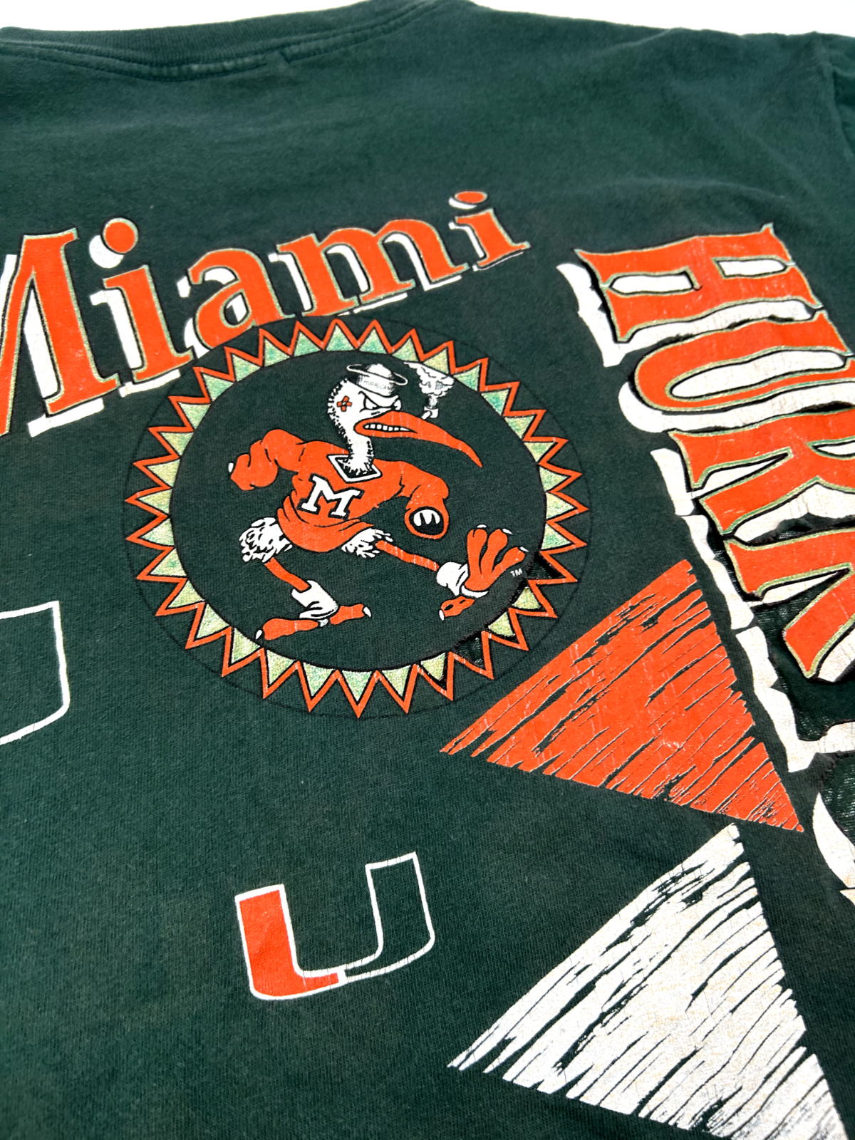 Vintage 90s Miami Hurricanes NCAA Wraparound Print Collegiate T-Shirt Size XL