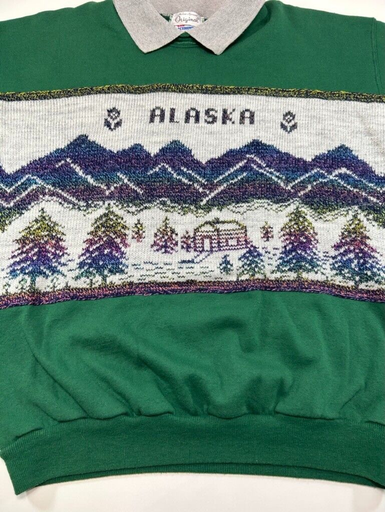 Vintage 90s Alaska Knit Print Destination Graphic Collared Sweatshirt Size Large