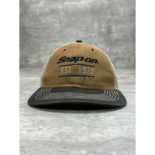 Vintage Snap On Embroidered Spellout Trucker Strapback Hat OSFA Brown/Beige