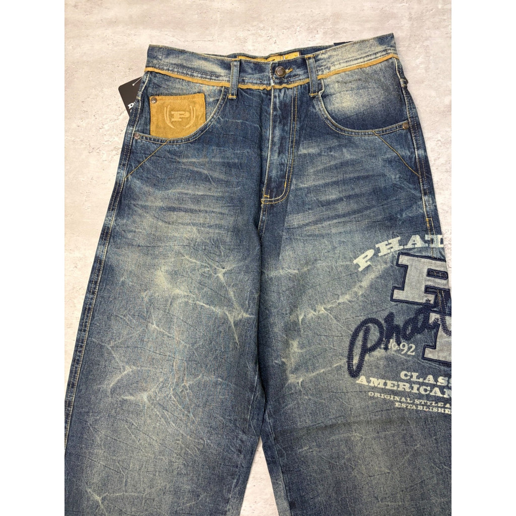 Vintage Womens Y2K Phat Farm Embroidered Logo Dark Wash Faded Denim Pants