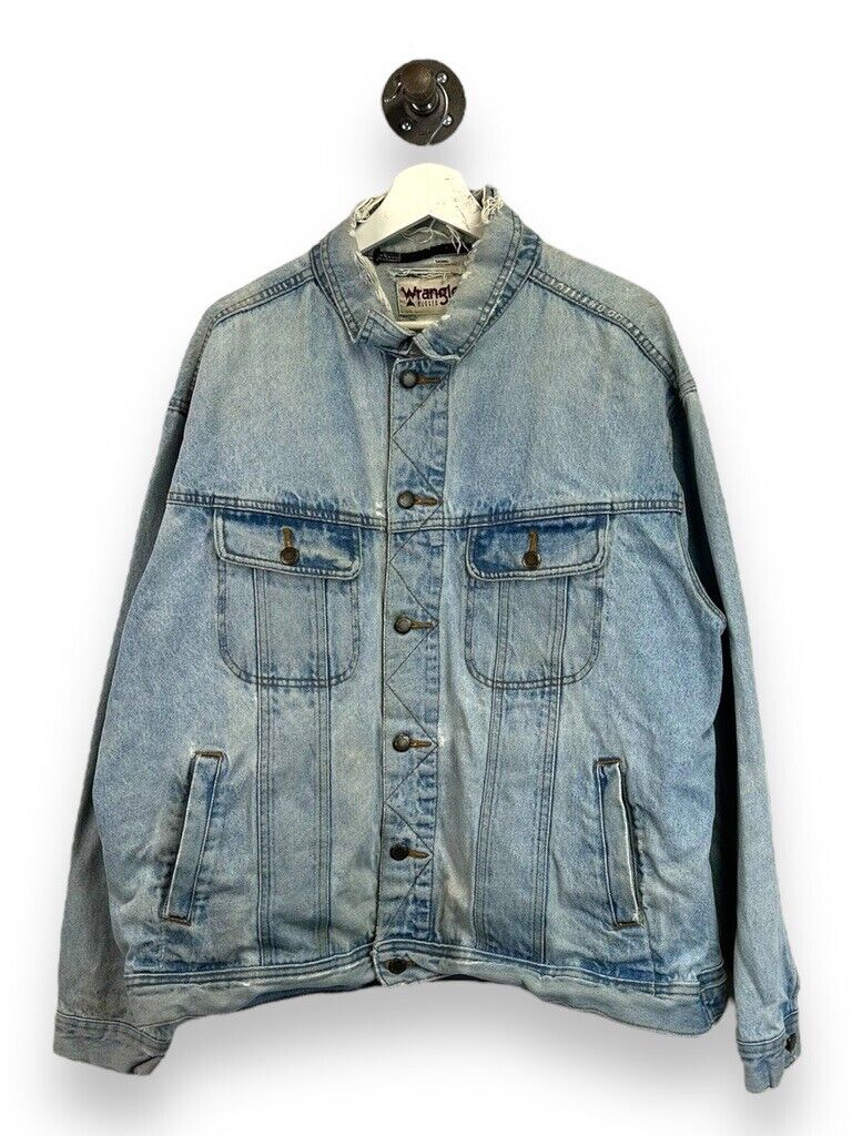 Vintage Wrangler Rugged Wear Light Wash Denim Trucker Jacket Size XL Blue