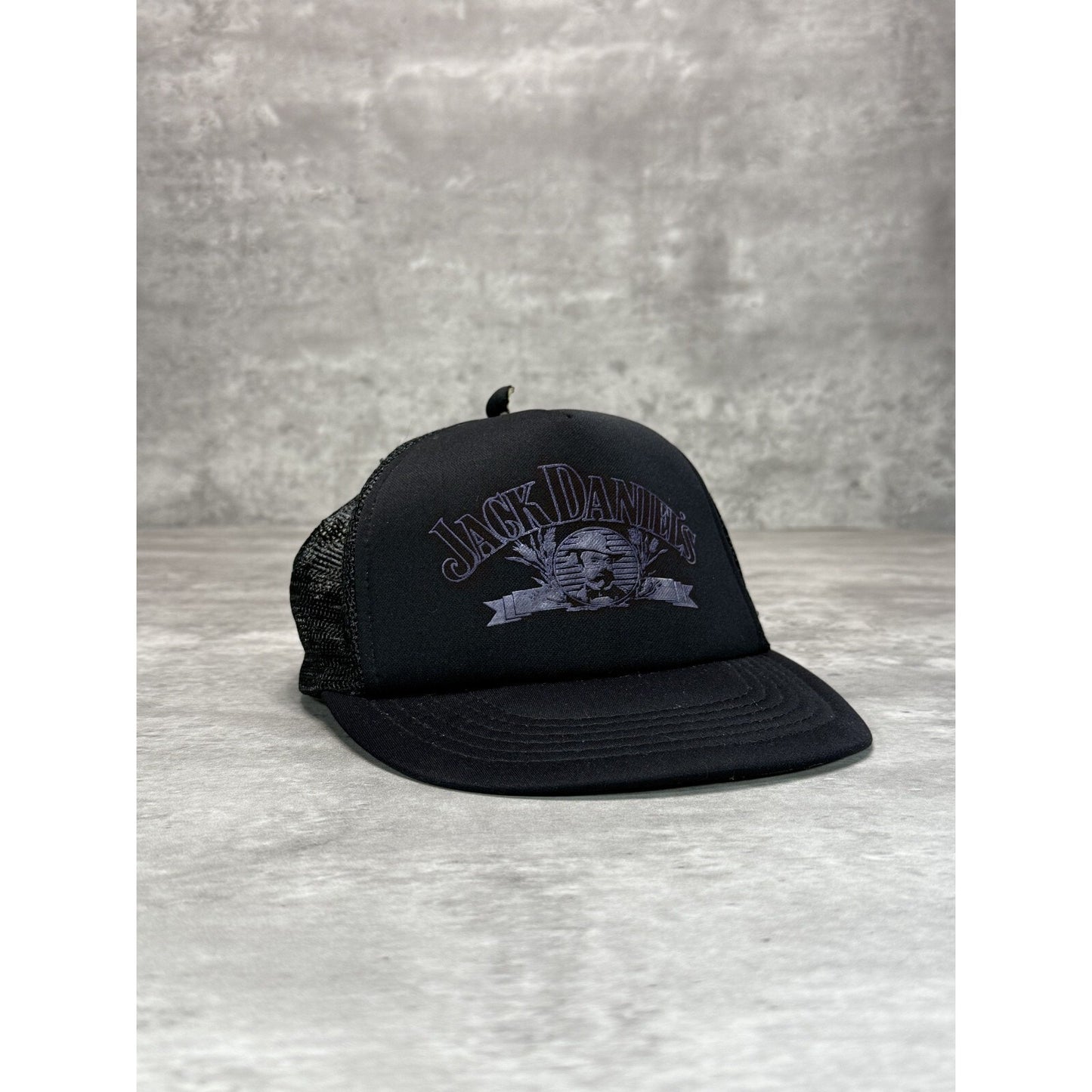 Vintage 1980s Jack Daniels Graphic Spellout Logo Trucker Snapback Hat OSFA Black