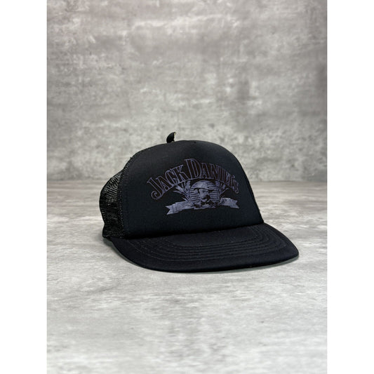 Vintage 1980s Jack Daniels Graphic Spellout Logo Trucker Snapback Hat OSFA Black
