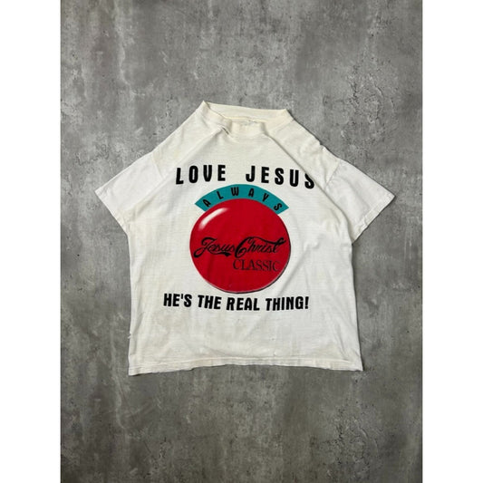 Vintage 90s Love Jesus Hes The Real Deal Parody Graphic T-Shirt Size Large