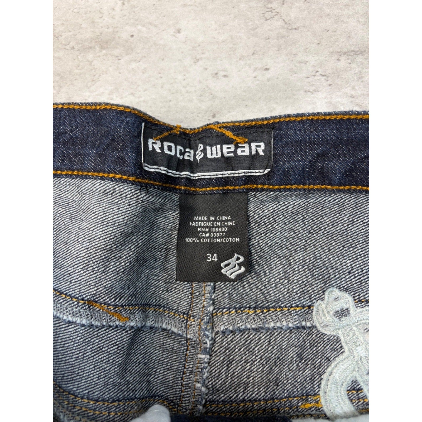 Vintage Y2K Rocawear Embroidered Pocket Skull Dark Wash Denim Pants