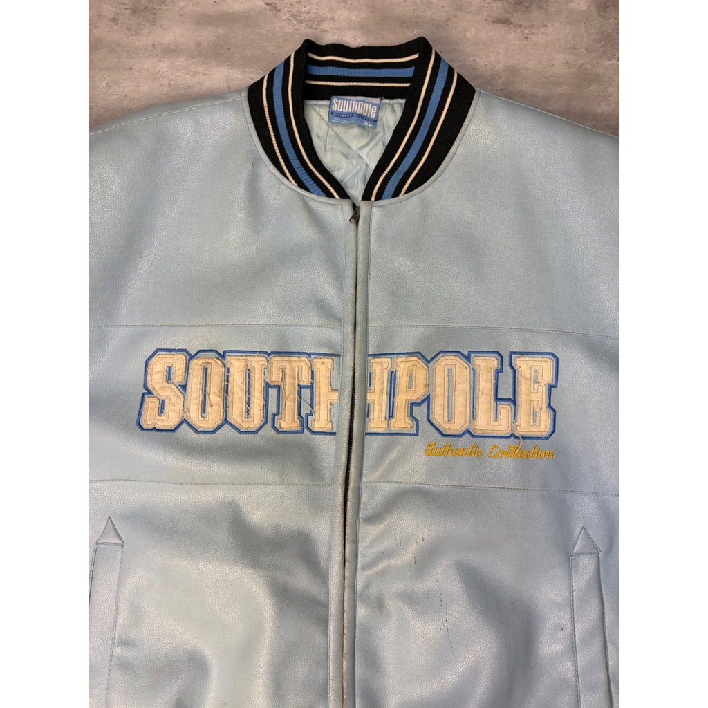 Vintage Y2K Southpole Embroidered Spellout Leather Bomber Jacket Size XL